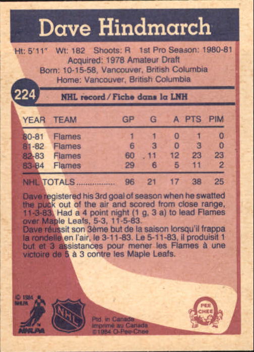 1984-85 O-Pee-Chee #224 Dave Hindmarch back image