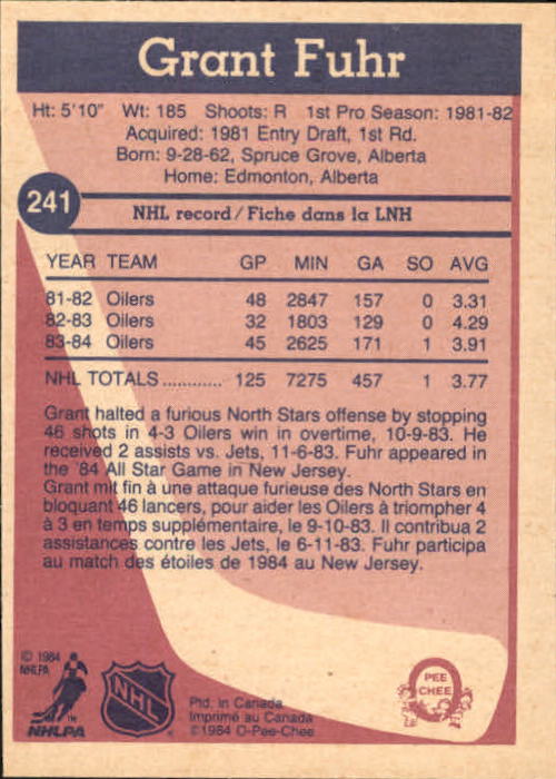 1984-85 O-Pee-Chee #241 Grant Fuhr back image