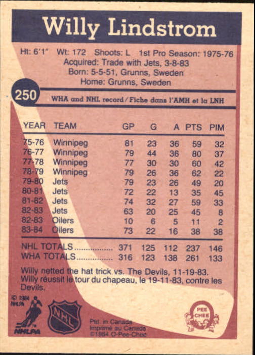 1984-85 O-Pee-Chee #250 Willy Lindstrom back image