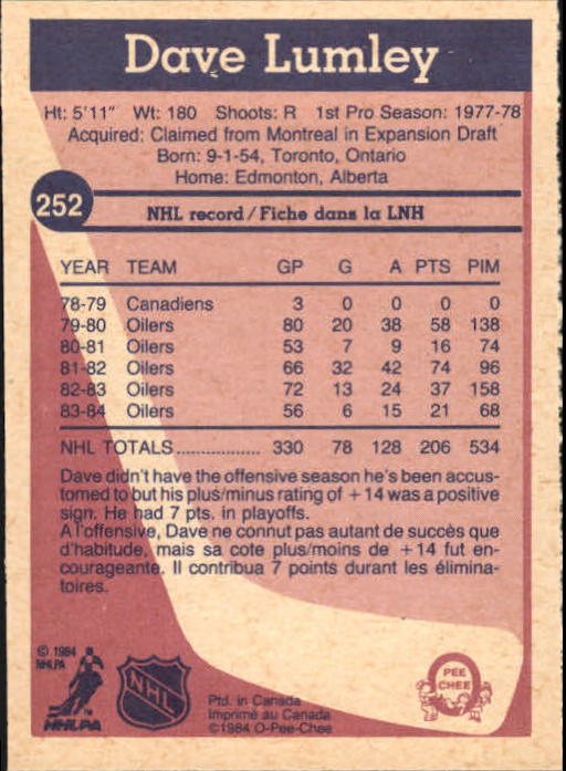 1984-85 O-Pee-Chee #252 Dave Lumley back image