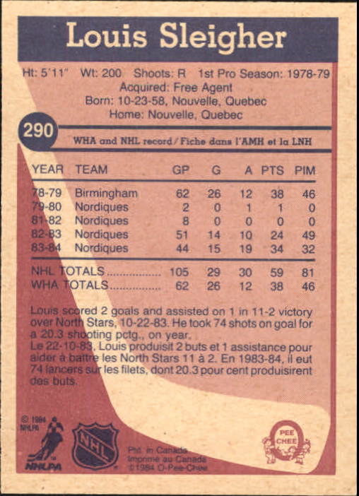 1984-85 O-Pee-Chee #290 Louis Sleigher back image