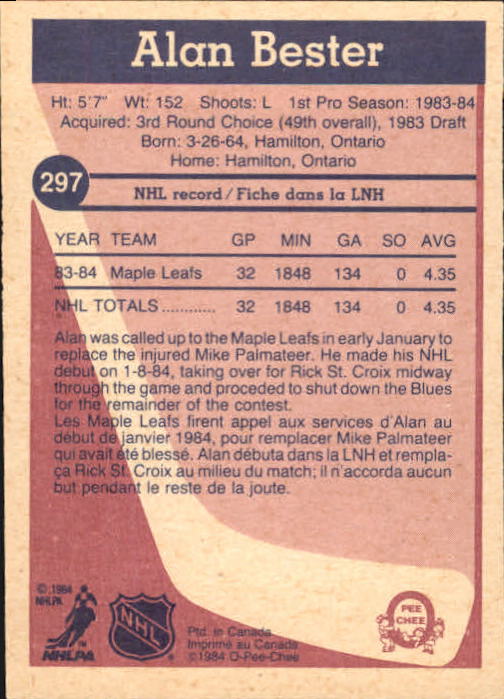 1984-85 O-Pee-Chee #297 Allan Bester UER RC back image