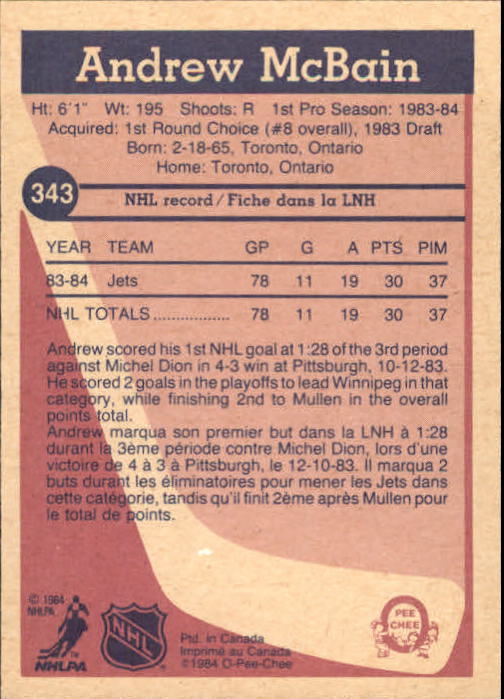 1984-85 O-Pee-Chee #343 Andrew McBain RC back image