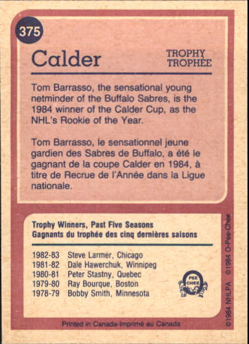 1984-85 O-Pee-Chee #375 Tom Barrasso Calder back image