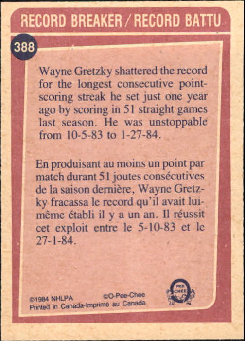 1984-85 O-Pee-Chee #388 Wayne Gretzky RB back image