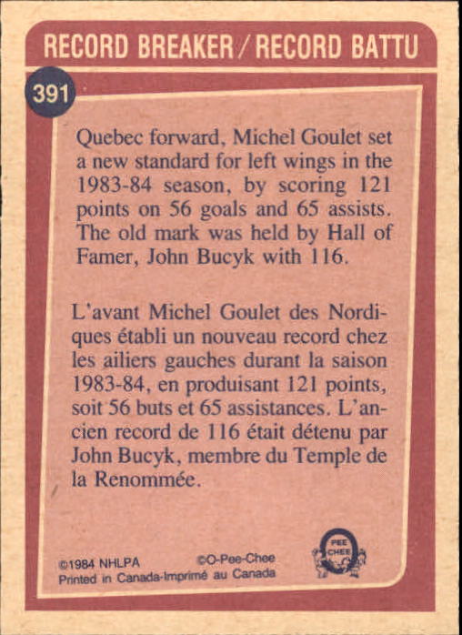1984-85 O-Pee-Chee #391 Michel Goulet RB back image
