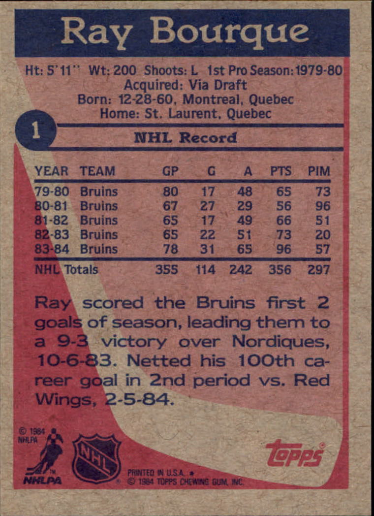 1984-85 Topps #1 Ray Bourque back image