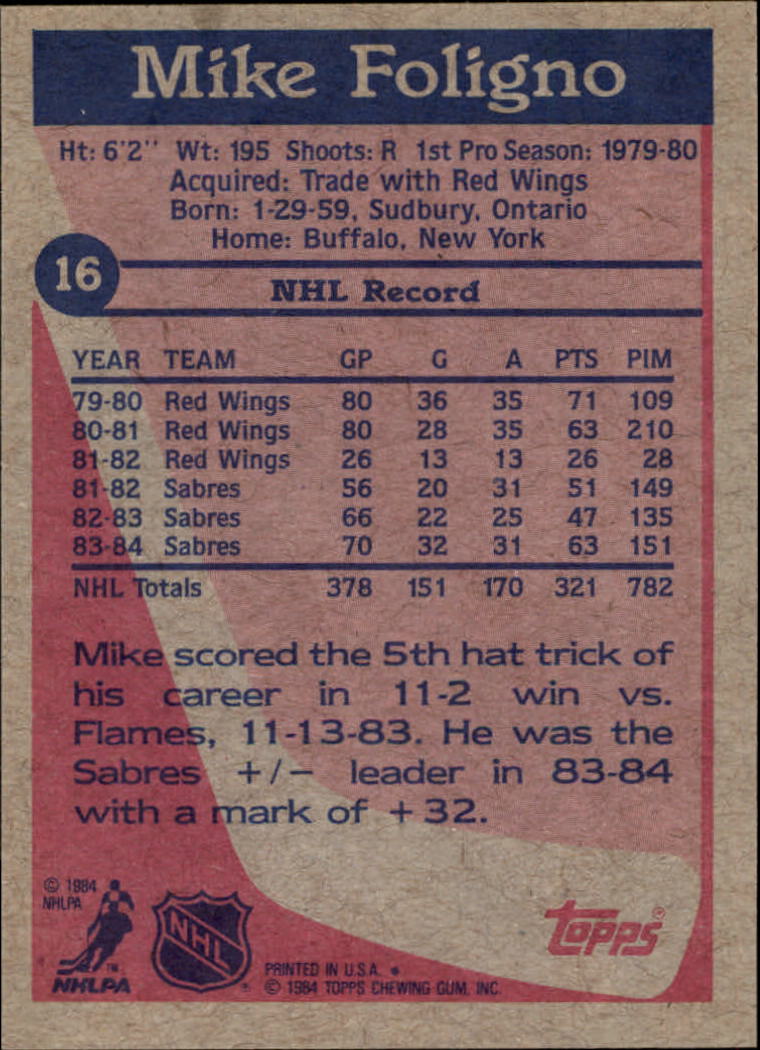 1984-85 Topps #16 Mike Foligno back image