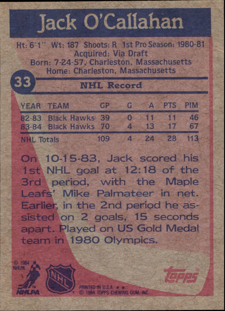 1984-85 Topps #33 Jack O'Callahan SP RC back image