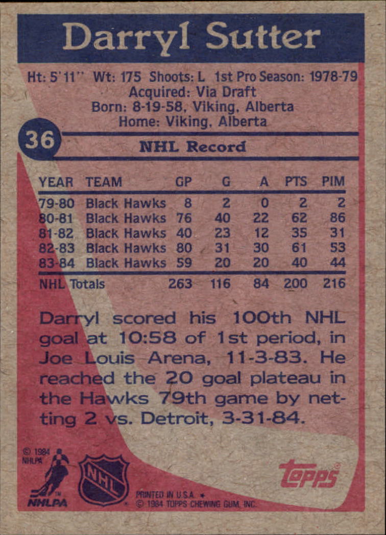 1984-85 Topps #36 Darryl Sutter back image
