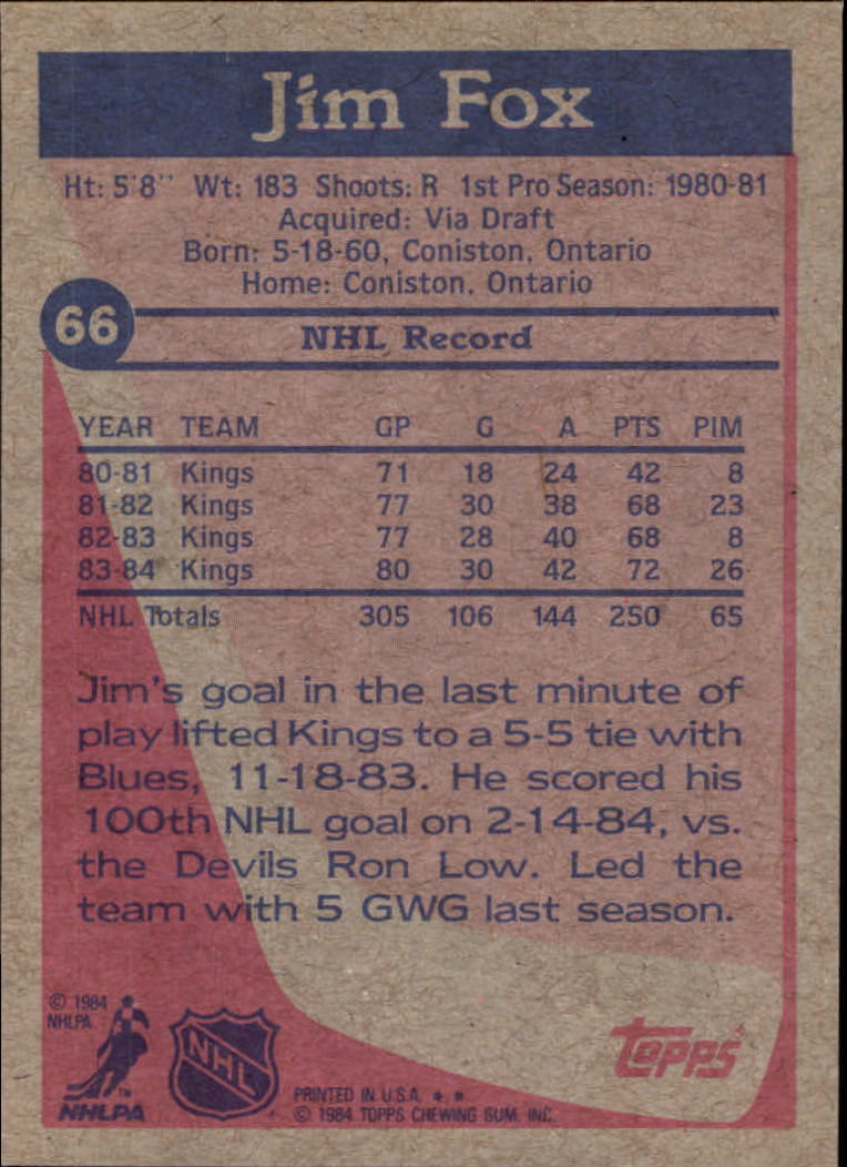 1984-85 Topps #66 Jim Fox SP back image