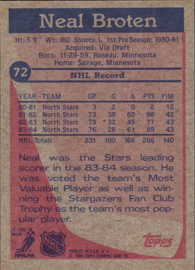 1984-85 Topps #72 Neal Broten SP back image