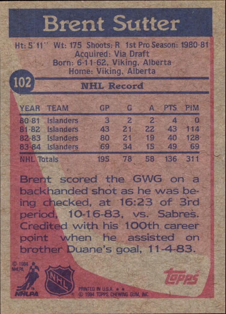 1984-85 Topps #102 Brent Sutter SP back image