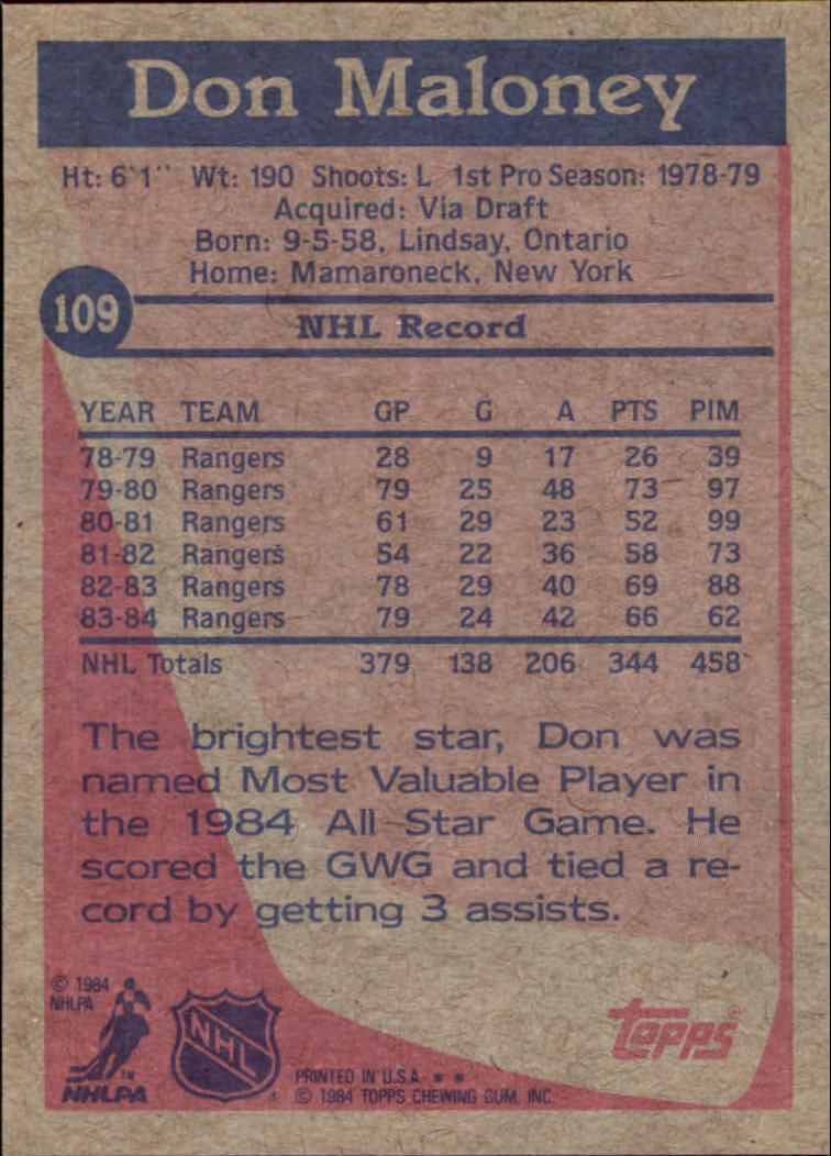 1984-85 Topps #109 Don Maloney SP back image