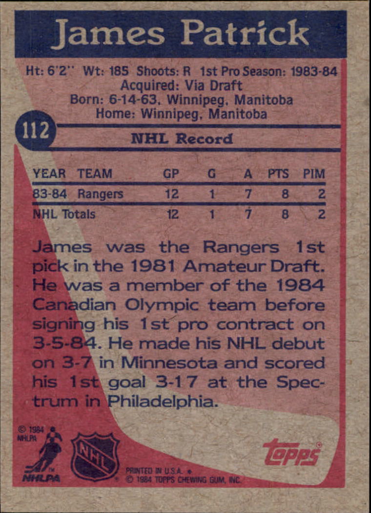 1984-85 Topps #112 James Patrick RC back image