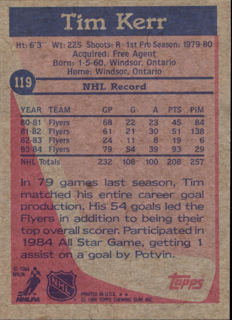 1984-85 Topps #119 Tim Kerr SP back image