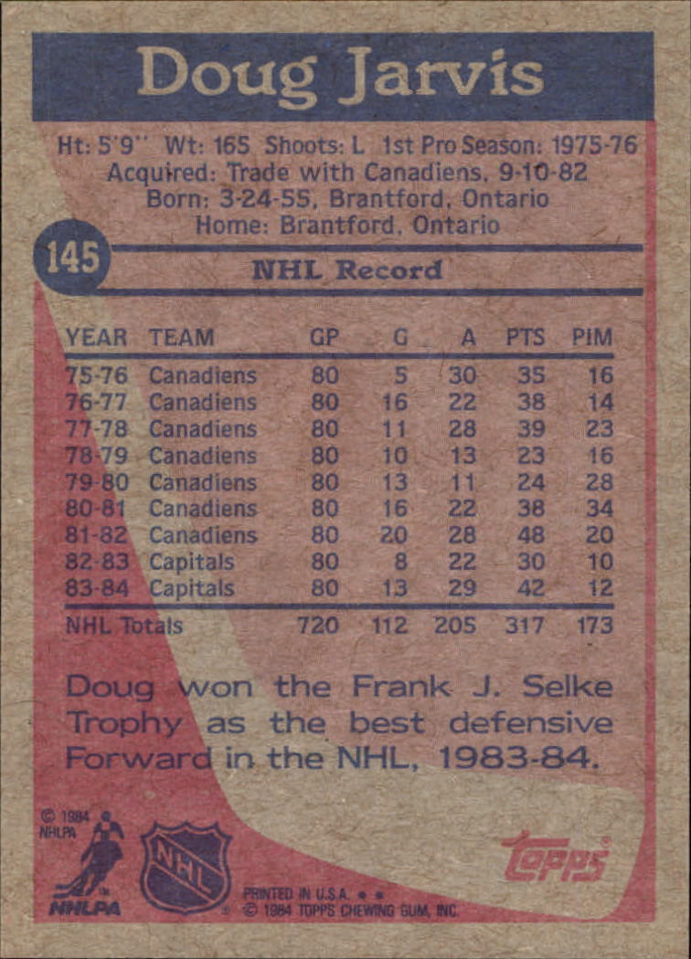 1984-85 Topps #145 Doug Jarvis back image