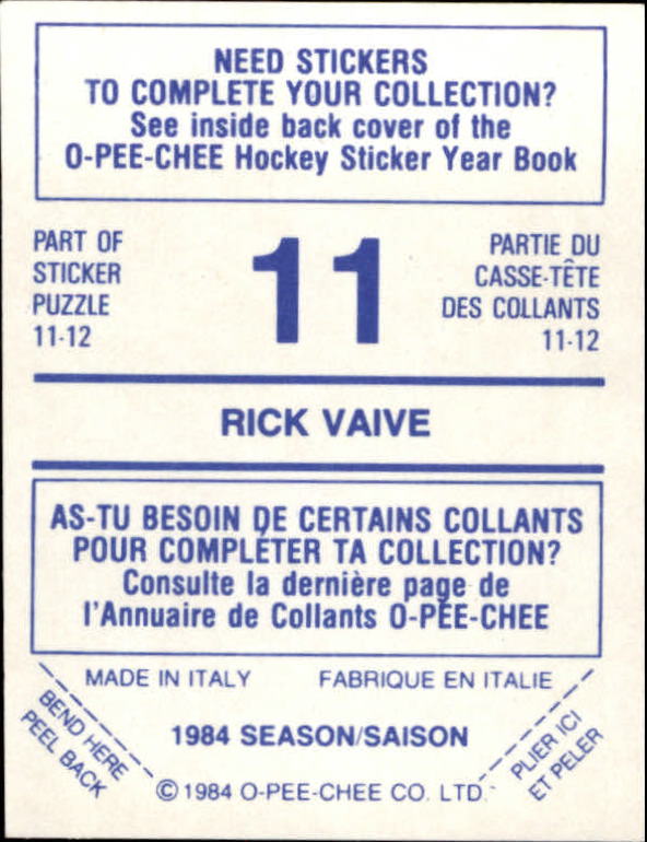 1984-85 O-Pee-Chee Stickers #11 Rick Vaive back image