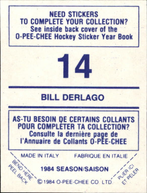1984-85 O-Pee-Chee Stickers #14 Bill Derlago back image