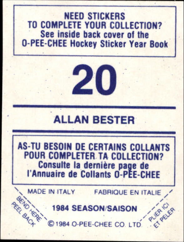 1984-85 O-Pee-Chee Stickers #20 Allan Bester back image