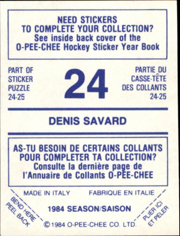 1984-85 O-Pee-Chee Stickers #24 Denis Savard back image