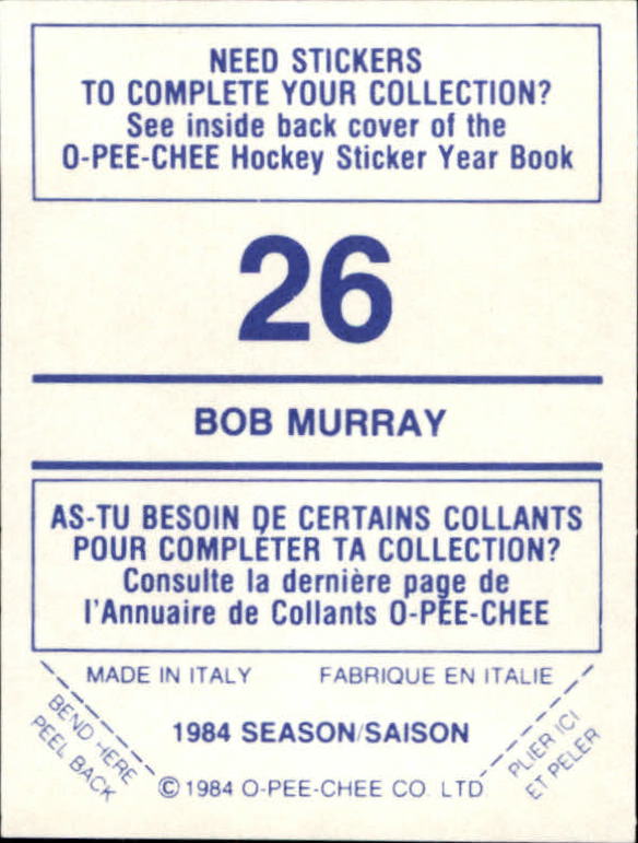 1984-85 O-Pee-Chee Stickers #26 Bob Murray back image