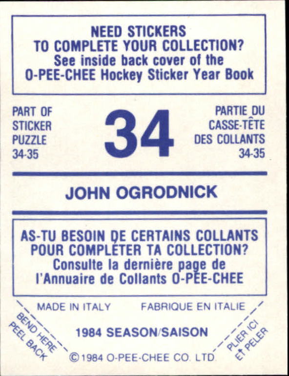 1984-85 O-Pee-Chee Stickers #34 John Ogrodnick back image