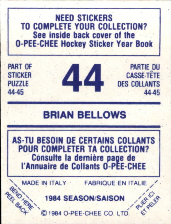 1984-85 O-Pee-Chee Stickers #44 Brian Bellows back image