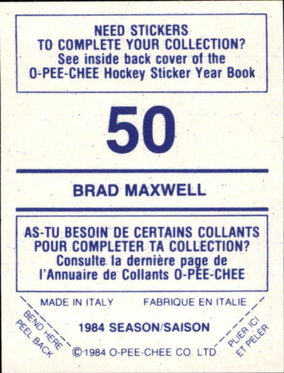 1984-85 O-Pee-Chee Stickers #50 Brad Maxwell back image