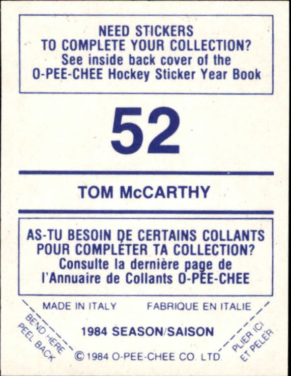 1984-85 O-Pee-Chee Stickers #52 Tom McCarthy back image