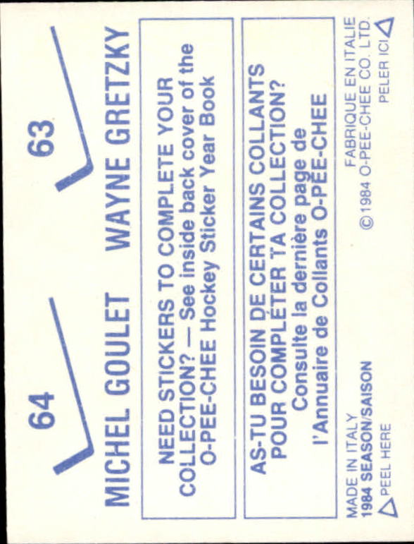 1984-85 O-Pee-Chee Stickers #63 Wayne Gretzky FOIL/ 64. Michel Goulet FOIL back image