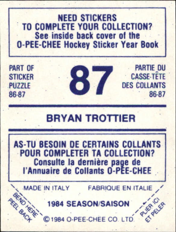 1984-85 O-Pee-Chee Stickers #87 Bryan Trottier back image