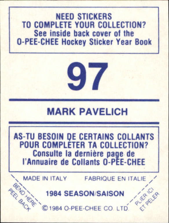 1984-85 O-Pee-Chee Stickers #97 Mark Pavelich back image