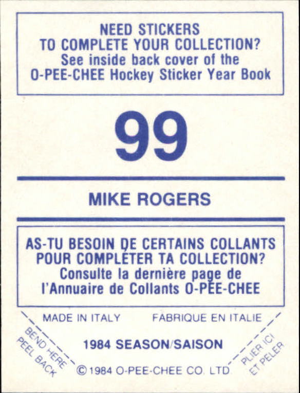 1984-85 O-Pee-Chee Stickers #99 Mike Rogers back image