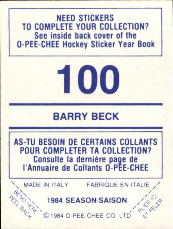 1984-85 O-Pee-Chee Stickers #100 Barry Beck back image