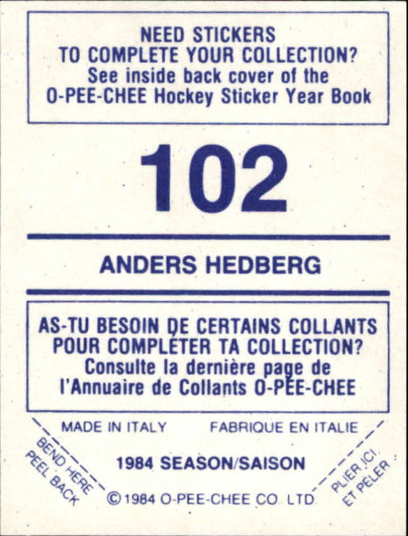 1984-85 O-Pee-Chee Stickers #102 Anders Hedberg back image