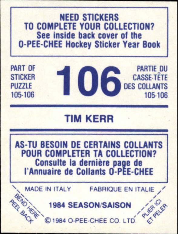 1984-85 O-Pee-Chee Stickers #106 Tim Kerr back image