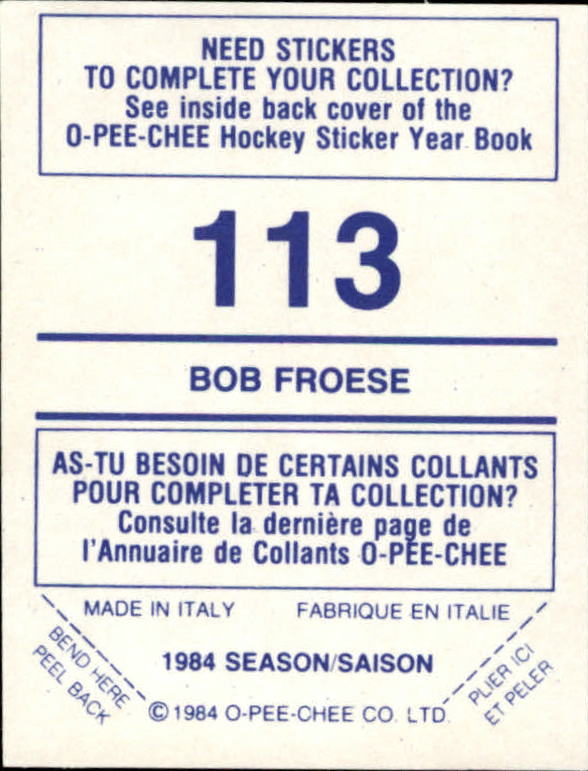 1984-85 O-Pee-Chee Stickers #113 Bob Froese back image