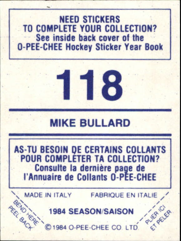 1984-85 O-Pee-Chee Stickers #118 Mike Bullard back image
