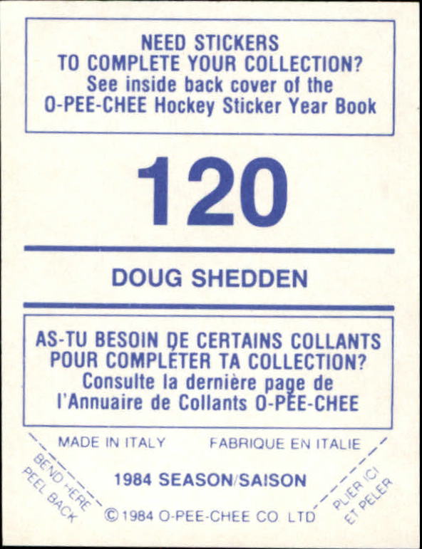 1984-85 O-Pee-Chee Stickers #120 Doug Shedden back image