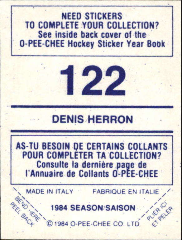 1984-85 O-Pee-Chee Stickers #122 Denis Herron back image
