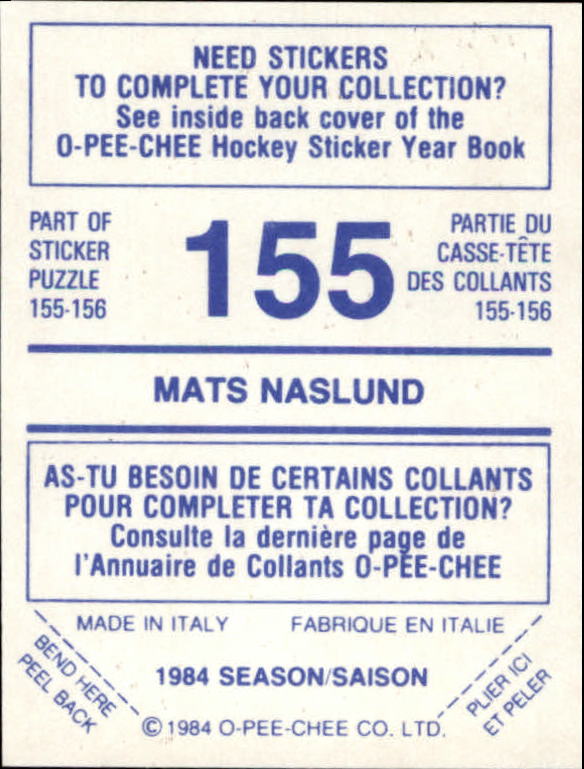 1984-85 O-Pee-Chee Stickers #155 Mats Naslund back image