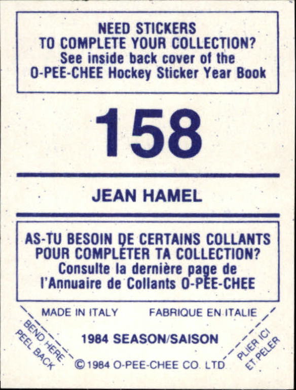 1984-85 O-Pee-Chee Stickers #158 Jean Hamel back image