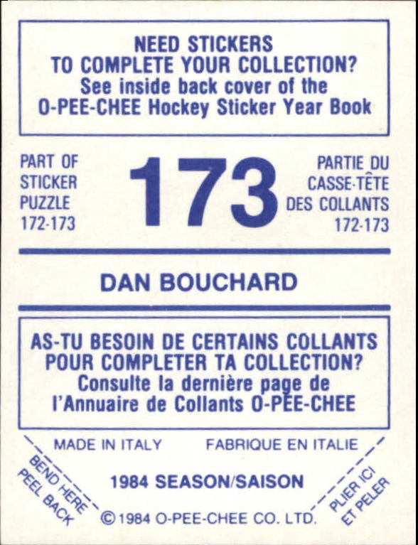 1984-85 O-Pee-Chee Stickers #173 Dan Bouchard back image