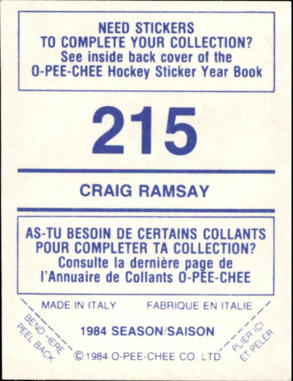 1984-85 O-Pee-Chee Stickers #215 Craig Ramsay back image