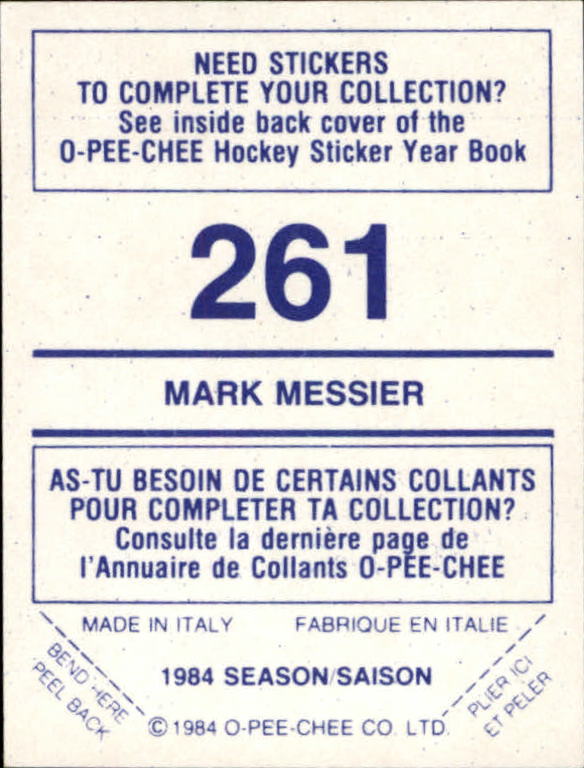 1984-85 O-Pee-Chee Stickers #261 Mark Messier back image