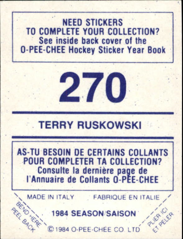 1984-85 O-Pee-Chee Stickers #270 Terry Ruskowski back image