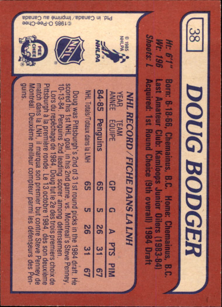 1985-86 O-Pee-Chee #38 Doug Bodger RC back image