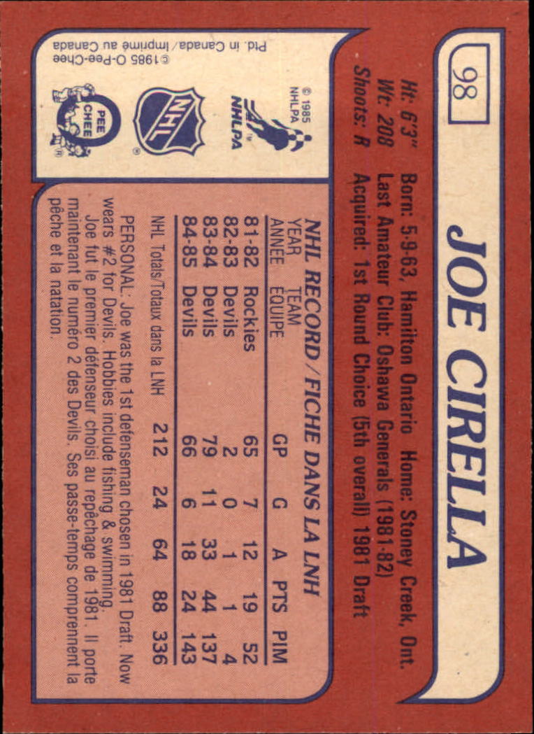 1985-86 O-Pee-Chee #98 Joe Cirella back image