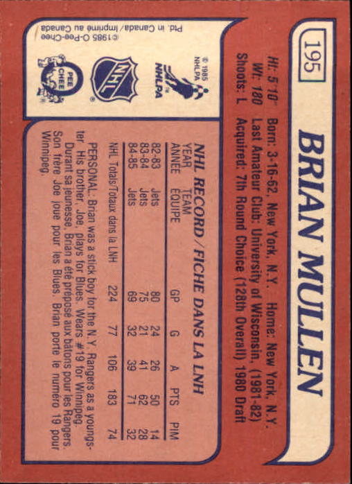 1985-86 O-Pee-Chee #195 Brian Mullen back image